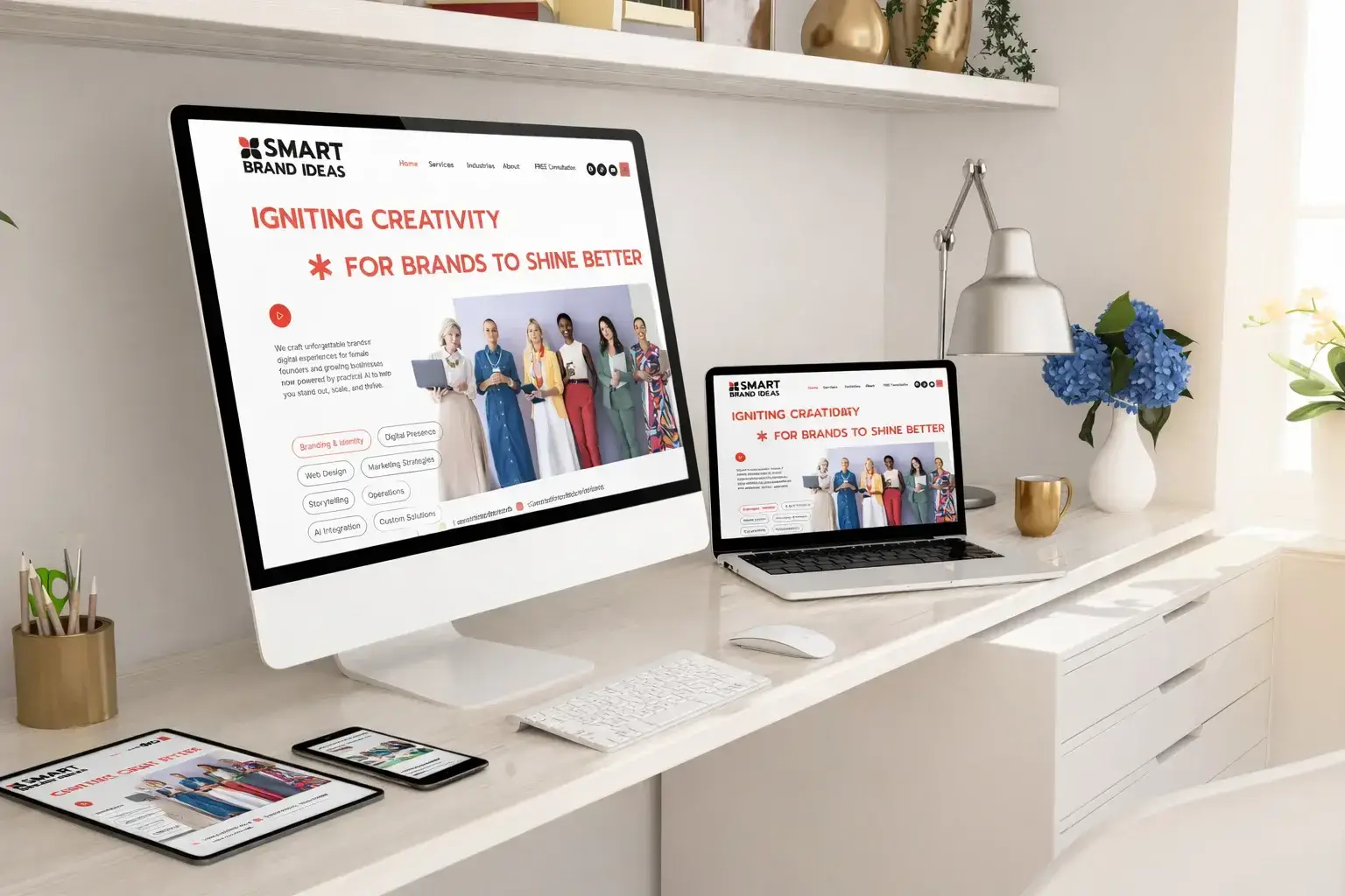 Smart Brand Ideas website displayed across desktop, laptop, tablet, and mobile devices